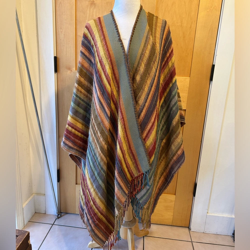 Rhonda Stark Wool Striped Western Fringe Poncho Women's OS Earthtones